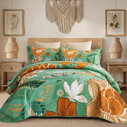 Boho Floral Quilt Set 3-Piece — Reversible Lightweight Bedspread with 2 Shams